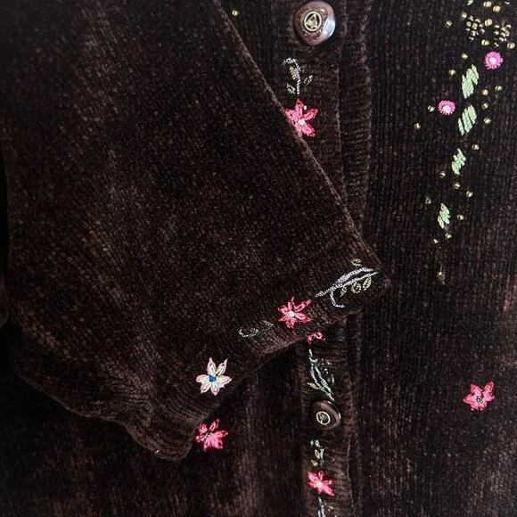 Vtg Brown Chenille Cardigan Sz L • Beaded Embroidery Sparkle Cottagecore‎ Granny - Picture 7 of 9